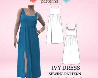Midi Dress square neck thigh slit minimal casual jersey pdf sewing pattern