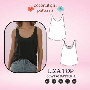 以下が含まれることがあります： 黒のタンクトップとブルージーンズ。Liza Topの縫製パターンのイラストがあり、サイズはXSからXLまで。画像上部には「coconut girl patterns」の文字があります。