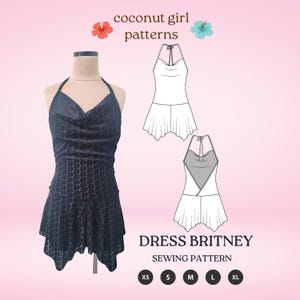 May include: A dark blue halter dress on a mannequin, featuring a cowl neckline and a flared skirt. The image includes a sewing pattern diagram and the text "DRESS BRITNEY SEWING PATTERN" with size options.
