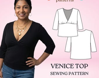 3/4 Sleeve V Neck Top y2k jersey stretch pdf sewing pattern