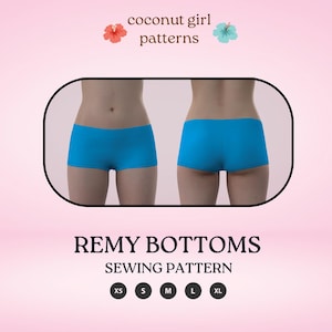 Może przedstawiać: Widok z przodu i z tyłu niebieskich szortów. Obraz jest oprawiony w czarny owal. Tekst "coconut girl patterns" znajduje się u góry, a "REMY BOTTOMS SEWING PATTERN" u dołu, z opcjami rozmiaru XS, S, M, L i XL.