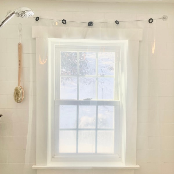 Shower window curtain, suction cup curtain attachment clear plastic curtains for shower window, easy attach curtain for shower window.