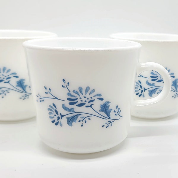 Corningware Pyrex Blue Colonial Mist opal glass mugs, set of 3