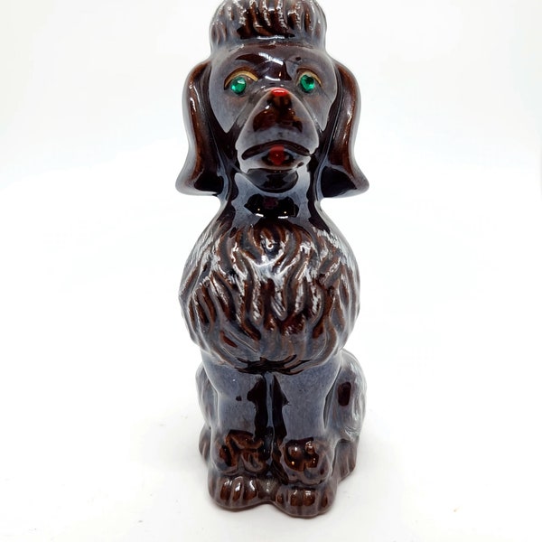 Redware Chocolate Brown Poodle figurine with green rhinestone eyes