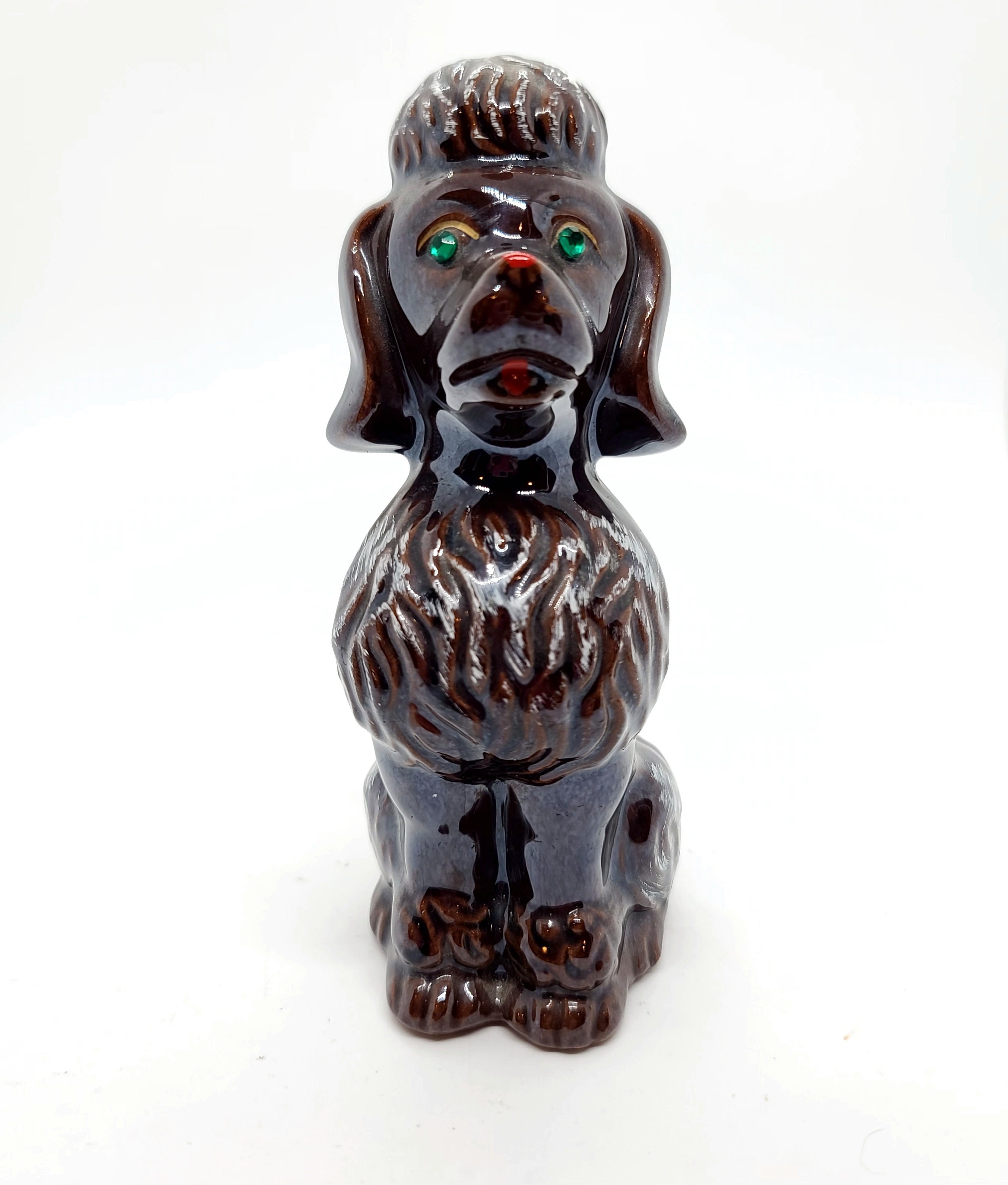 Redware Chocolate Brown Poodle figurine with green rhinestone eyes