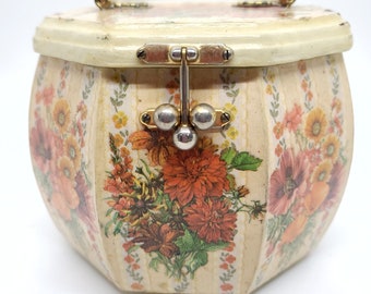 Decoupage 1970s yellow stripes and flowers octagon wooden purse with plastic or bakelite handle