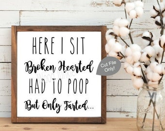 May include: A framed wooden sign with the text "HERE I SIT Broken Hearted HAD TO POOP But Only Farted...". A glass jar with cotton stems is to the right of the sign. The background is a white wooden wall.