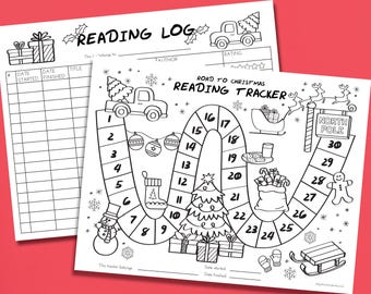 May include: Black and white printable reading log and tracker with a Christmas theme. The tracker features a game board with a path that leads to the North Pole. The log has spaces to record the title, author, date started, and date finished of each book read.