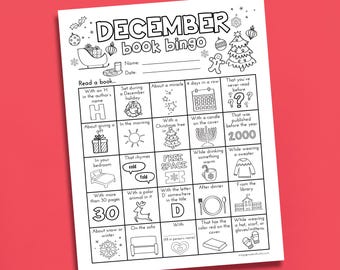 May include: Black and white December Book Bingo printable sheet. Features a festive design with a Christmas tree, ornaments, and a gingerbread man. Includes prompts like "Read a book..." and "About a miracle."