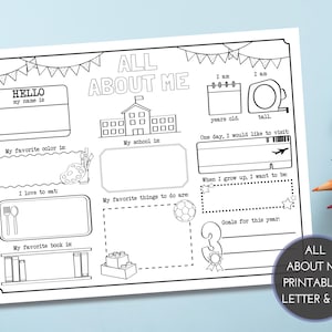 以下が含まれることがあります： 子供向けの白黒の印刷可能な「私について」ワークシート。ワークシートには、名前、年齢、身長、好きな色、好きな食べ物、好きなこと、好きな本、学校、訪問する場所、将来の職業、今年の目標などのセクションが含まれています。