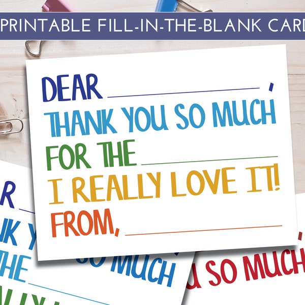 Printable Thank You Cards for Kids | Fill-in-the-Blank | Birthday Thank You Card | Kids Thank You Note |  Thank You Postcard