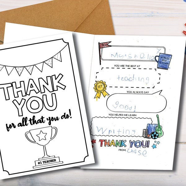 Teacher's Appreciation Card Printable | Thank You Coloring Card | All About My Teacher | Fill in the Blank  | Kids, Toddler or Preschool