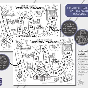 Pu&ograve; includere: Un tracker di lettura stampabile in bianco e nero con due diverse lunghezze di percorso. Il tracker presenta un tema natalizio con immagini di un pupazzo di neve, un camion, un albero di Natale e una borsa regalo. Il testo "Road to Christmas Reading Tracker" &egrave; in cima alla pagina. Il testo "Count Down to Christmas with the 24-Square Path" &egrave; nell'angolo in basso a sinistra. Il testo "2 Reading Tracker Path Lengths Included" &egrave; nell'angolo in alto a destra. Il testo "Color in squares along path to track progress" &egrave; al centro a destra. Il testo "Each square can represent 1 book read or 1 20-minute segment" &egrave; nell'angolo in basso a destra.