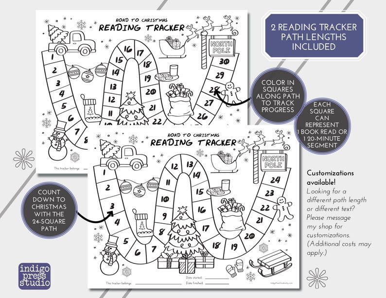 Pu&ograve; includere: Un tracker di lettura stampabile in bianco e nero con due diverse lunghezze di percorso. Il tracker presenta un tema natalizio con immagini di un pupazzo di neve, un camion, un albero di Natale e una borsa regalo. Il testo "Road to Christmas Reading Tracker" &egrave; in cima alla pagina. Il testo "Count Down to Christmas with the 24-Square Path" &egrave; nell'angolo in basso a sinistra. Il testo "2 Reading Tracker Path Lengths Included" &egrave; nell'angolo in alto a destra. Il testo "Color in squares along path to track progress" &egrave; al centro a destra. Il testo "Each square can represent 1 book read or 1 20-minute segment" &egrave; nell'angolo in basso a destra.
