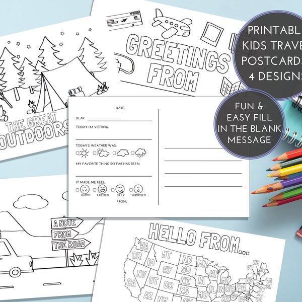 Kids Travel Postcards | Coloring Postcards | Instant PDF Download | Fill in the Blank | Road Trip Activity | 4x6 Postcards