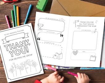Teacher's Appreciation Card Printable | Thank You Coloring Card | All About My Teacher | Thank You For Helping Me Grow | Fill in the Blank