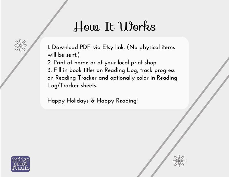 Pu&ograve; includere: Come funziona: Una guida PDF stampabile per tenere traccia dei progressi di lettura. Scarica il PDF tramite Etsy, stampalo a casa o in una tipografia locale e compila i titoli dei libri sui fogli del diario di lettura e del tracker. Buone feste e buona lettura!