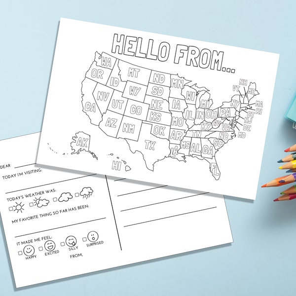 United States Map Printable Postcard | Kids Coloring Postcard | Fill-in-the-Blank | Travel Postcard | Road Trip | USA Coloring Card