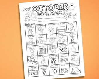 May include: Black and white printable bingo card with the title "October Book Bingo". The card has a grid of 25 squares with different prompts for reading books, such as "With a B in the author's name", "About pumpkins", "With more than 20 pages", and "In your bedroom".