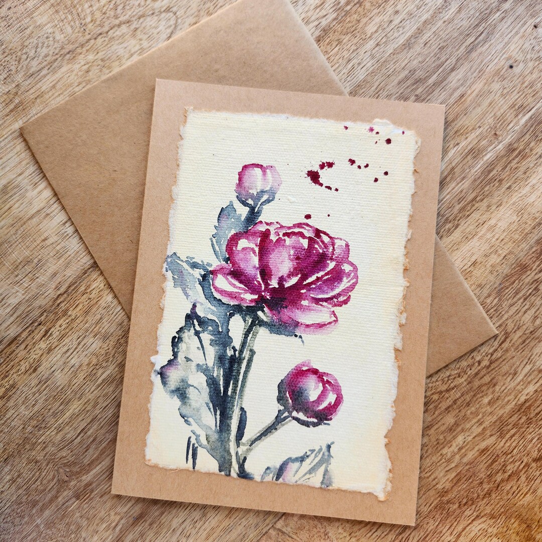 Vintage Burgundy Peony Watercolor Greeting Card - Hand Painted Original ...