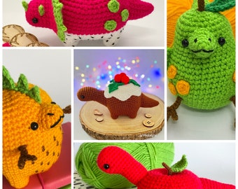 Puddingsaurus Dino Bundle - PDF Crochet Pattern Bundle of Five Fruit Dinosaurs