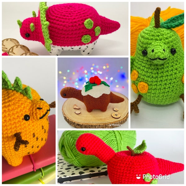 Puddingsaurus Dino Bundle - PDF Crochet Pattern Bundle of Five Fruit Dinosaurs
