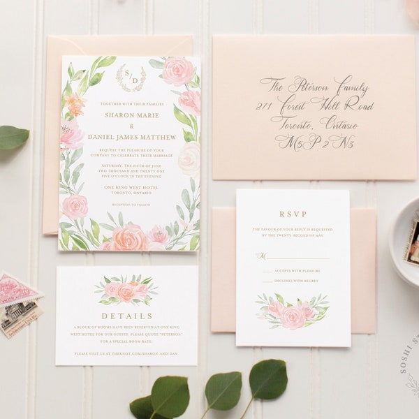 Romantic Floral Watercolor Wedding Invitation Suite Template - Instant Printable Editable Download - Peonies & Eucalyptus - RSVP Detail Card