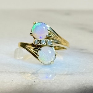 Vintage 14K Opal and Diamond Toi Et Moi Ring Size 6