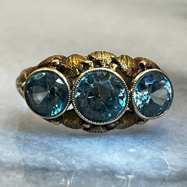 Vintage 14K Blue Zircon 3 Stone Trilogy Gypsy Ring Alberts & Bick Inc. Size 7