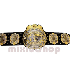 May include: A gold and silver championship belt with black leather straps. The centre plate features the text "IWGP Heavyweight Champion" with a globe design. The belt has multiple side plates with names of past champions.