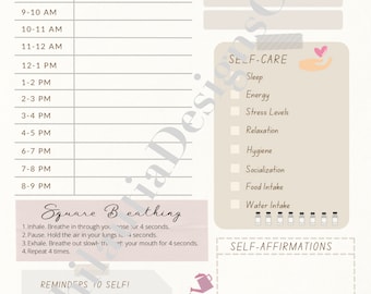 May include: A printable daily planner with sections for scheduling, self-care, and self-affirmations. The planner features a light brown background with a pink heart and a watering can with a plant growing from it. The text "Square Breathing" is in a pink box with instructions for breathing exercises. The text "NOW REPEAT... I have what I need to get through this." is at the bottom of the page.