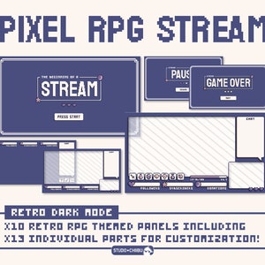 May include: Pixel RPG Stream overlay set in a retro dark mode theme. The set includes panels with text like "The Beginning of a Stream", "Pause", and "Game Over". The design features pixelated graphics and a dark blue color scheme.