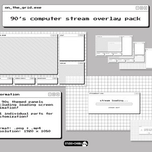 May include: A collection of 90's computer stream overlay graphics in black and white. The pack includes panels, loading screen animation, and individual parts for customization. The resolution is 1920 x 1080.