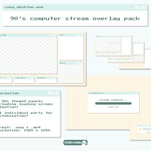May include: A digital art pack featuring a 90s computer stream overlay design. The pack includes multiple panels, loading screen animation, and customizable parts. The resolution is 1920 x 1080.