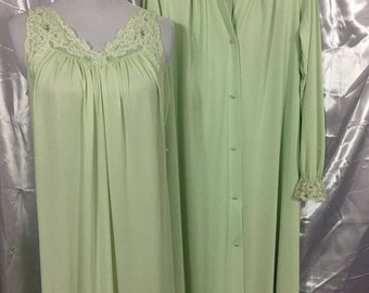 Vintage Shadowline 2 PC Mint Green Peignoir Set Full Length Gown Robe USA Small