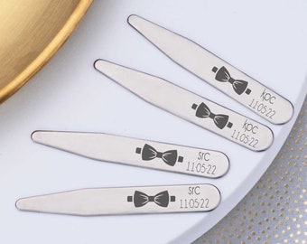 Wedding Gift for Groomsmen, Initials and Wedding Date Collar Stays, Bowtie Personalized Collar Stays, Gift for Groomsmen