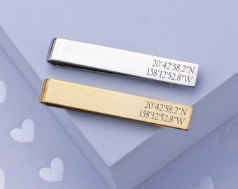 Personalized Tie Clip for Groom, Latitude Longitude Tie Clip, Custom Tie Bar for Husband, Engraved Gift for Him, Anniversary Gift for Him