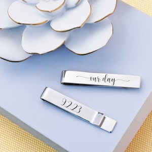 Personalized Tie Clip for Groom, Our Day Tie Clip, Custom Tie Bar for Husband, Engraved Gift for Him, Wedding Tie Clip