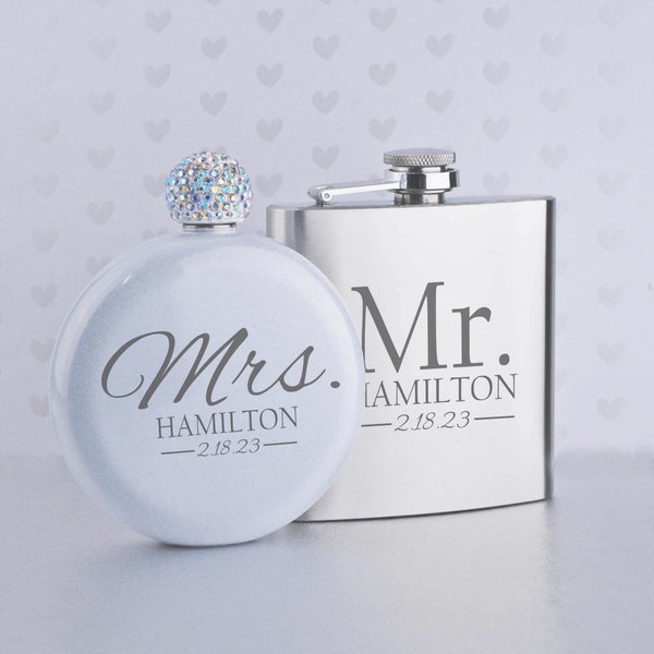 Wedding Engagement Gift, Gifts for the Couple, Personalized Flask Set for Mr. and Mrs., Custom Flask Set for Bride and Groom,