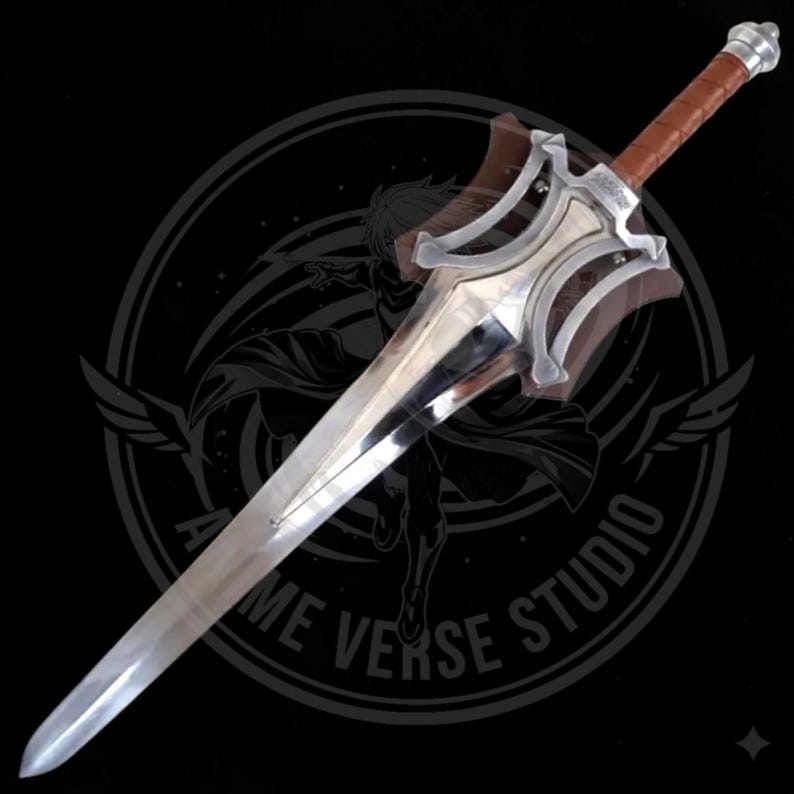 May include: A silver and brown sword with a polished blade and ornate hilt. The handle is wrapped in brown leather. The sword has a decorative guard and a silver pommel. The background is black with a logo.