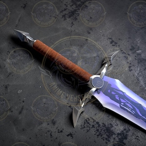 May include: A fantasy sword with a silver blade featuring a purple design. The hilt is wrapped in brown leather, and the guard is silver. The sword has a pointed tip and is designed for display or cosplay.