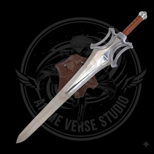 May include: A silver-colored sword with a brown leather-wrapped handle and a decorative silver hilt. The blade is long and pointed, and the hilt has a unique, stylized design. The sword is set against a dark background.