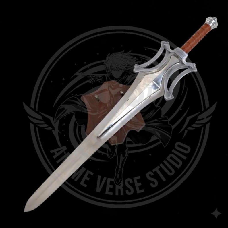 May include: A silver-colored sword with a brown leather-wrapped handle and a decorative silver hilt. The blade is long and pointed, and the hilt has a unique, stylized design. The sword is set against a dark background.