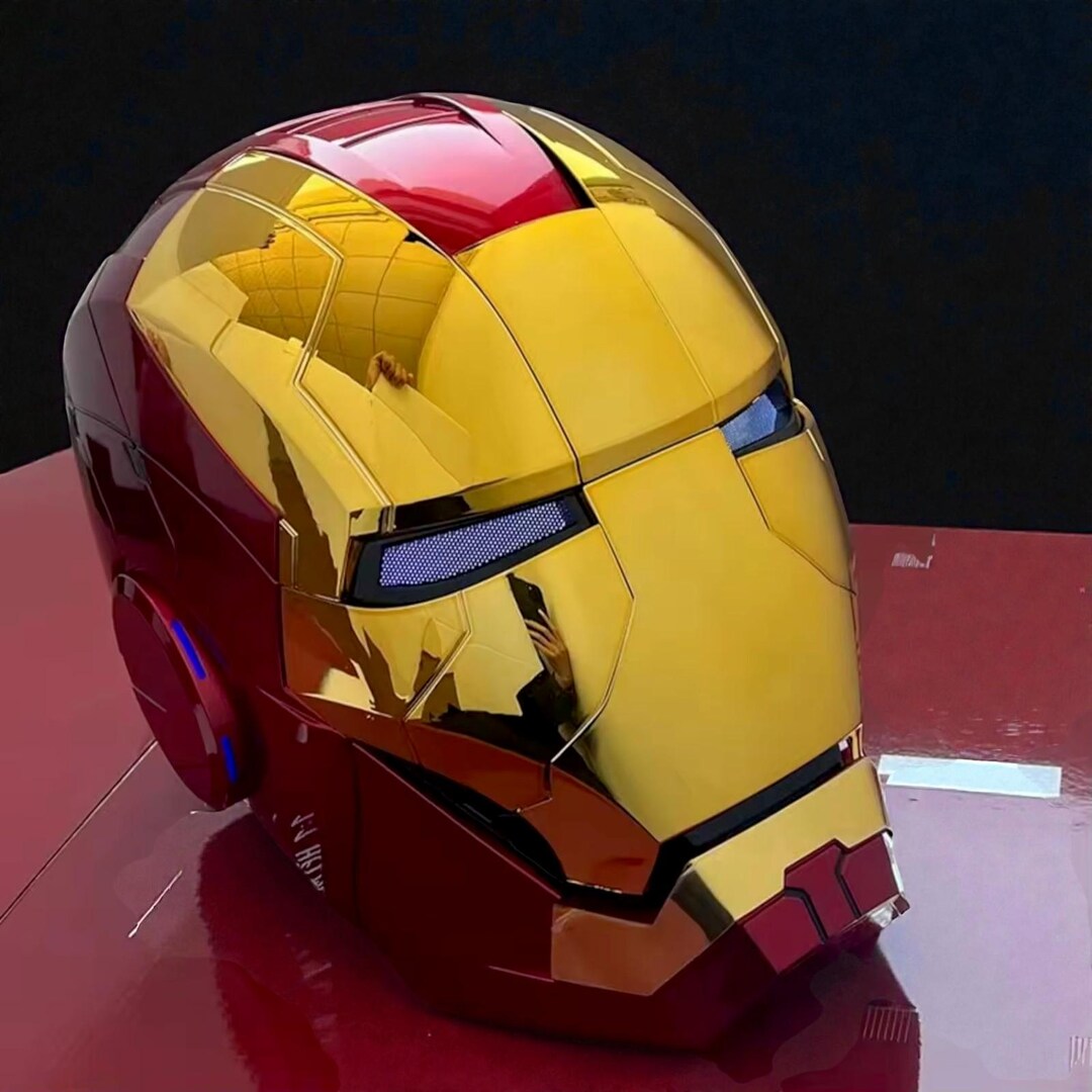cosplay iron man wearable helmet Hero MK5 Gold Motorized Helmet, Voice, Touch & Remote Control Switch to battle mode with eye lights and ear lights in red Marvel Iron Man 2 Mark