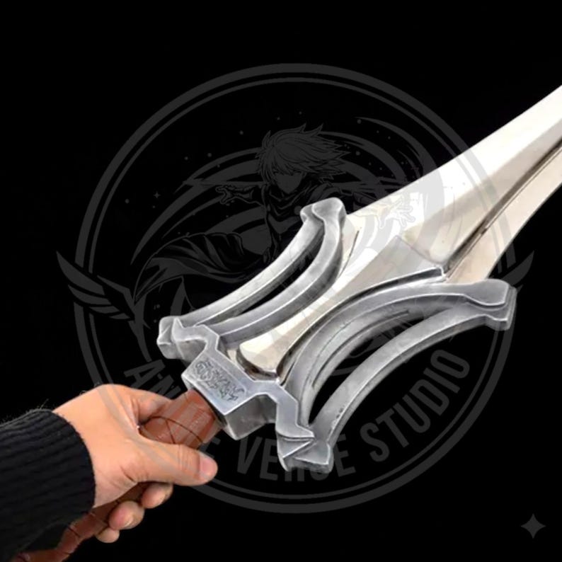 May include: A silver and brown sword with a detailed hilt and a long, pointed blade. The hilt has intricate designs and a brown grip. The blade is shiny and reflective. The sword is held against a black background.
