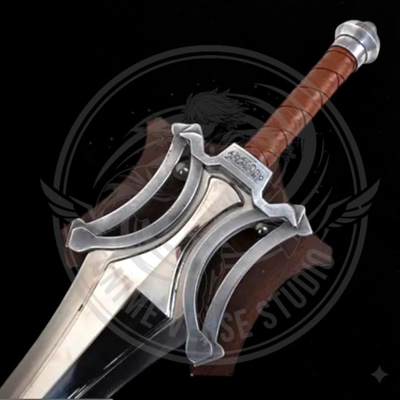 May include: A silver and brown sword with a leather-wrapped handle and a polished blade. The sword features a decorative guard with an engraved design and a silver pommel. The blade is angled towards the viewer.