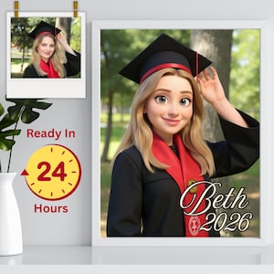 Custom Graduation Portrait | 3D Cartoon Style Senior Photo | Personalized Grad Gift | Digital Art Print with Name & Year | Funny Grad Gift