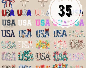 USA PNG Bundle | 35 Patriotic Designs, 4th of July, Coquette Style (Digital Download)