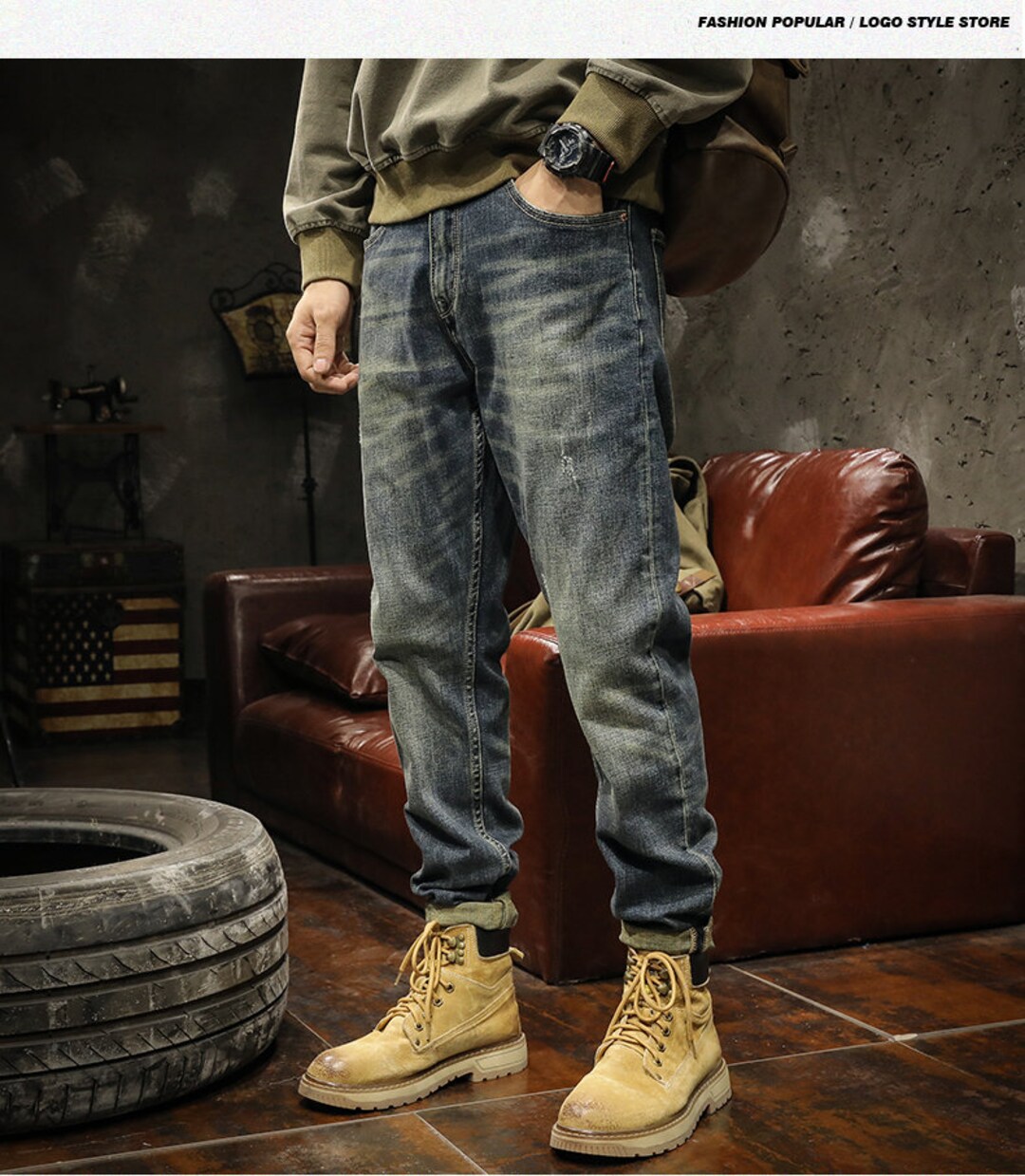 Vintage Men's Tapered Jeans, Vintage Loose Jeans, Cotton Stone Washed