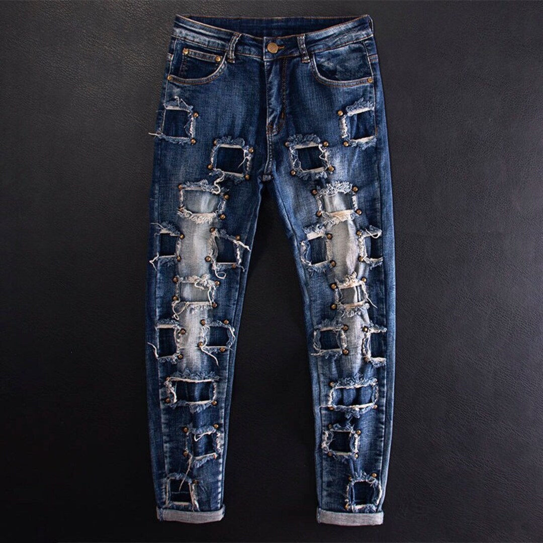 Ripped Jeans Vintage Patchwork Jeans Men's Vintage Etsy